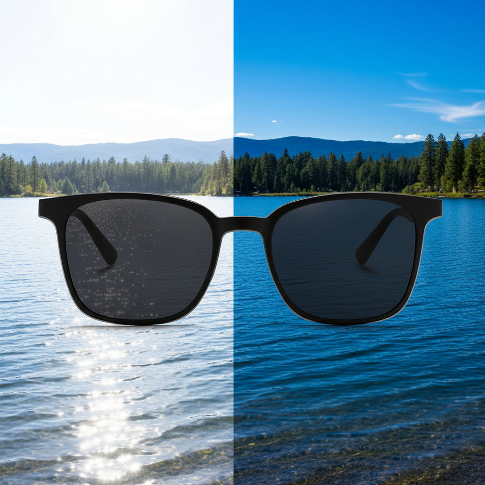 Round sunglasses with black frames and dark lenses on a white background