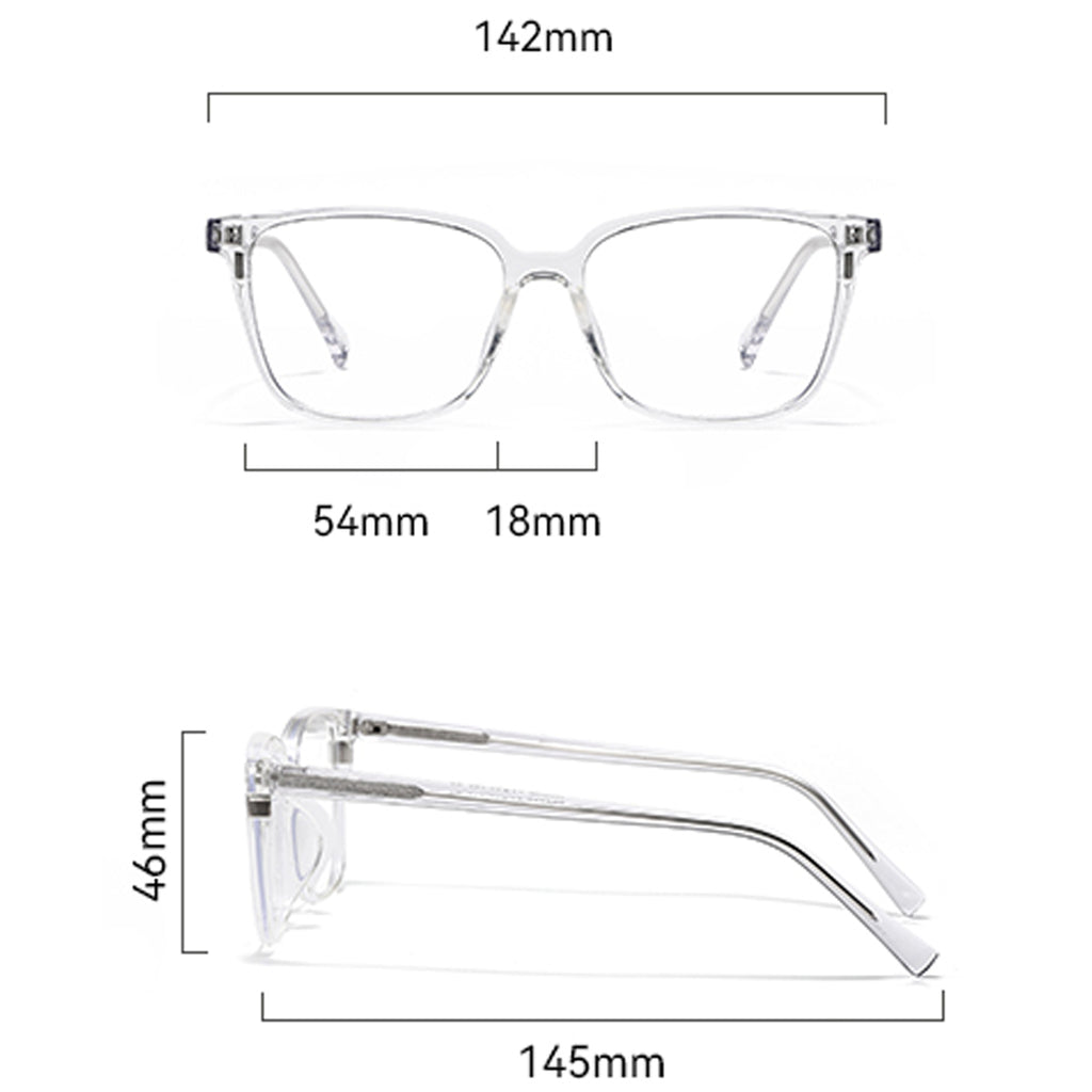Clear eyeglasses with dimensions labeled on a white background