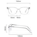 Clear eyeglasses with dimensions labeled on a white background