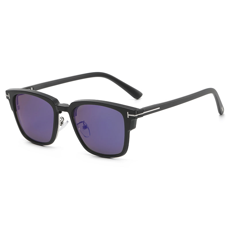 Trendy blue-purple mirrored magnetic lens top for a stylish look.