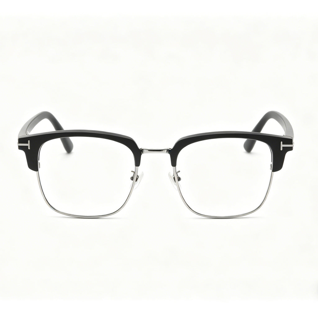 SnapOptic™ 5-in-1 magnetic glasses front view in classic black rectangle frame.