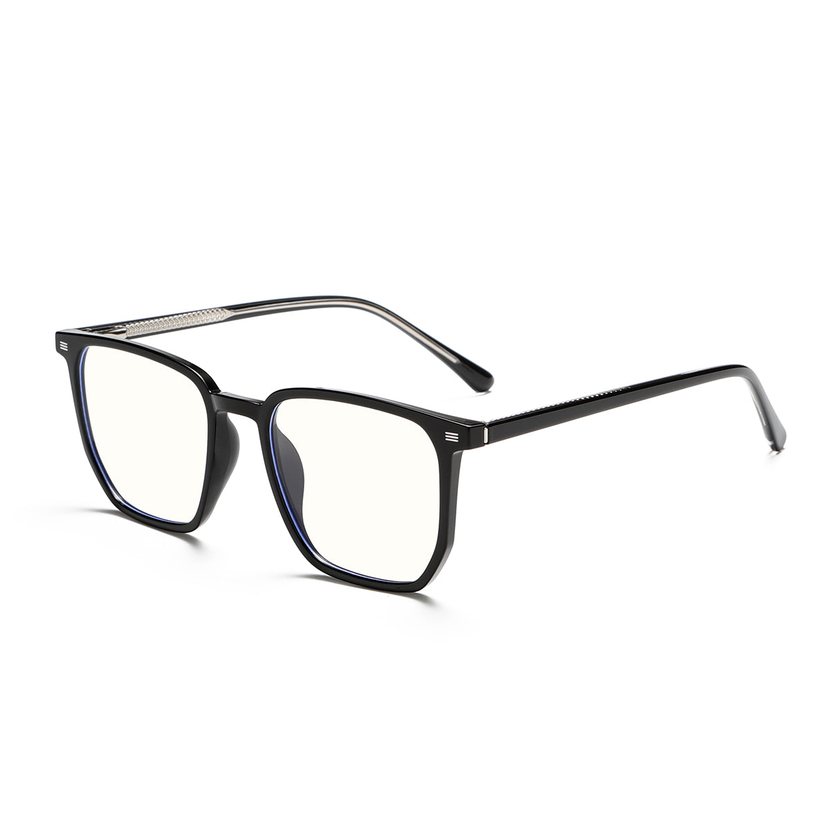 45-degree perspective of the over-sized black TR90 frame showing the sleek temple design.