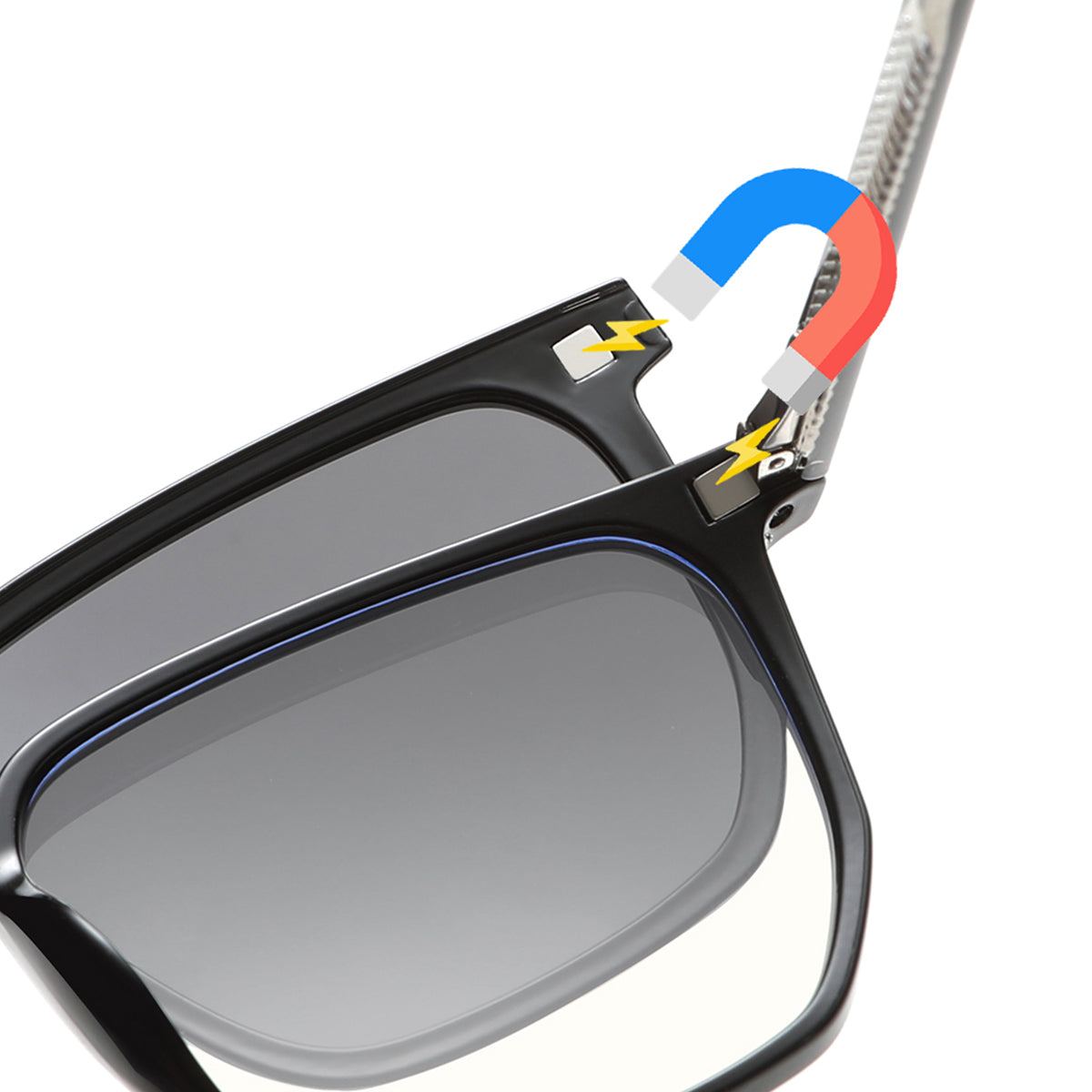Close-up of the magnetic snap-on technology on the TR90 over-sized frame model 6228.