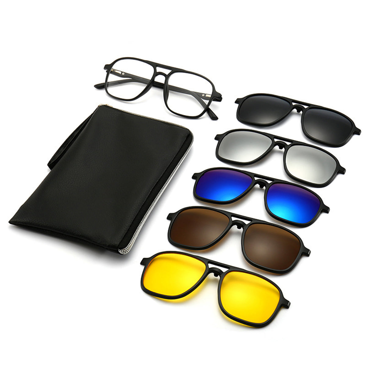Full SnapOptic Apex 5-in-1 kit featuring navigator frame, 5 magnetic toppers, and a premium travel pouch.