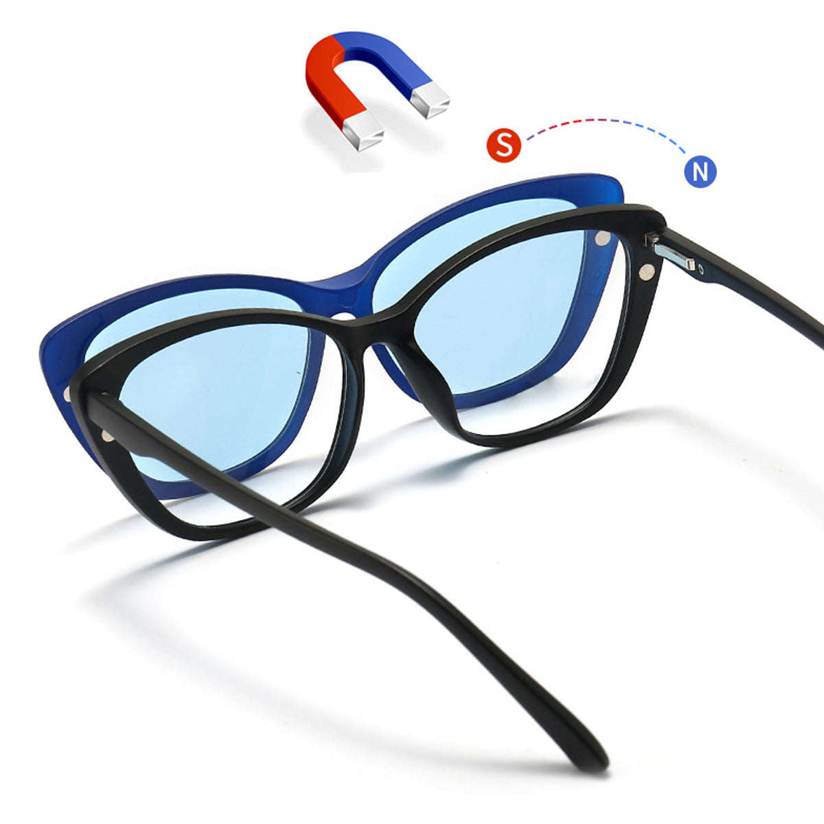 Detailed view of SnapOptic magnetic snap-on technology on a cat-eye frame with strong S/N pole magnets.