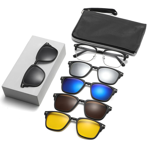 Complete SnapOptic™ Pro 5-in-1 eyewear kit including base frame and 5 magnetic tops.