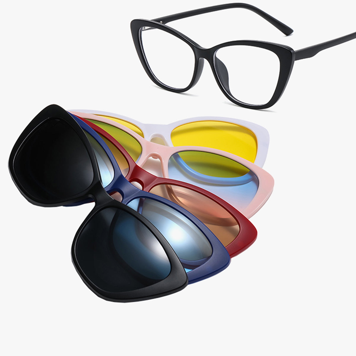 SnapOptic The Luna cat-eye magnetic glasses with five interchangeable lens toppers in different colors.
