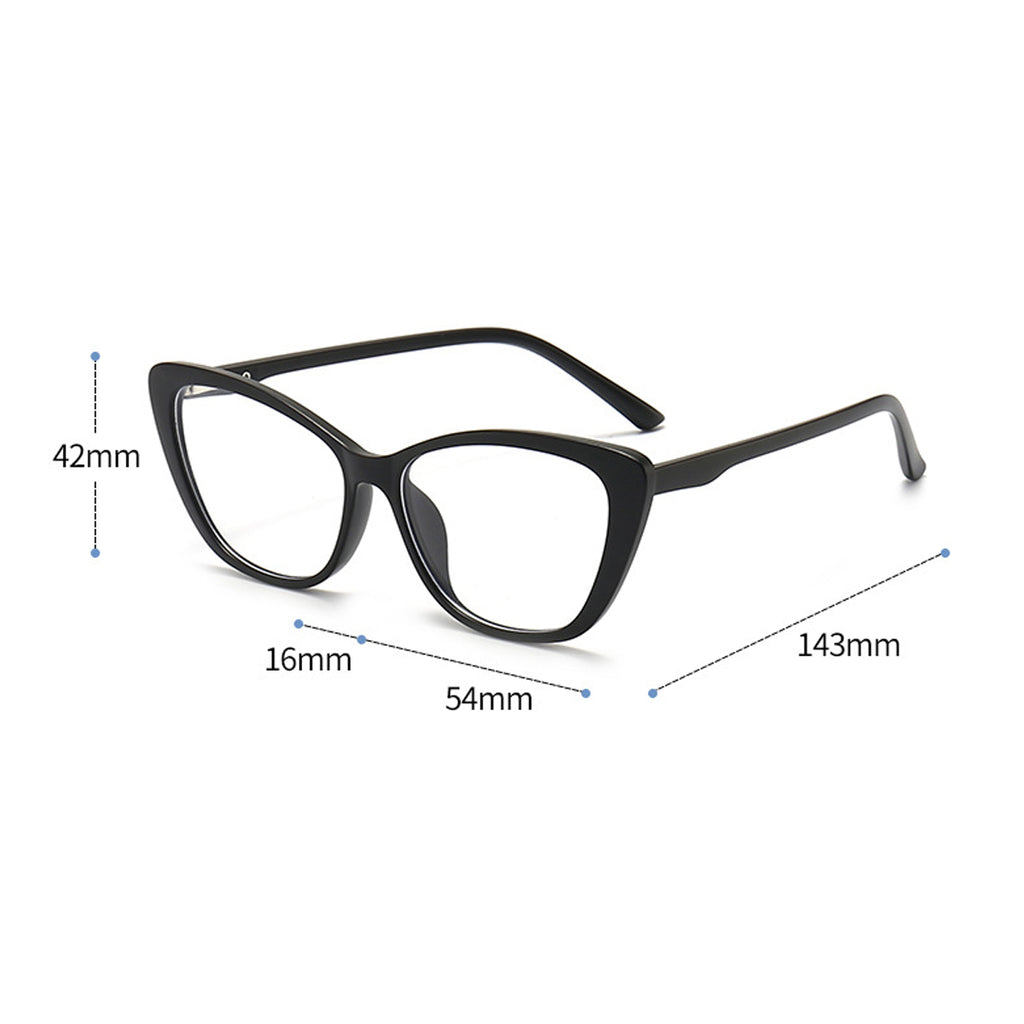 snapoptic-the-luna Black cat-eye glasses with measurements on a white background