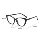 snapoptic-the-luna Black cat-eye glasses with measurements on a white background