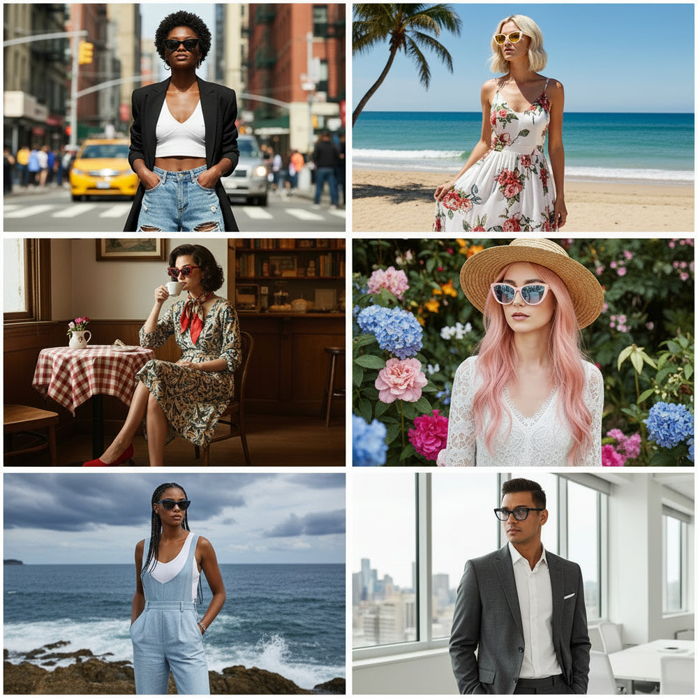 Lifestyle collage of models wearing SnapOptic The Luna cat-eye magnetic glasses in various daily settings.
