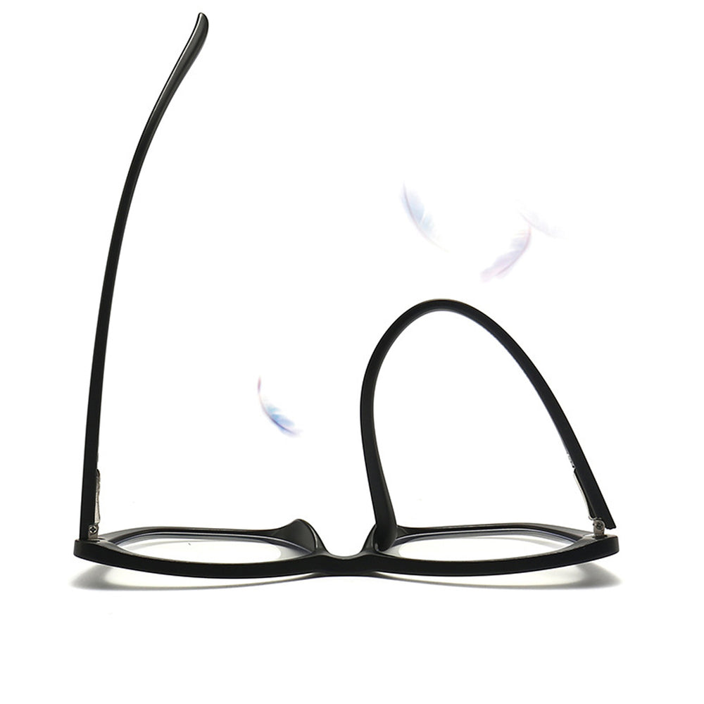 Ultra-lightweight SnapOptic The Luna cat-eye frame shown with feathers to emphasize all-day comfort.